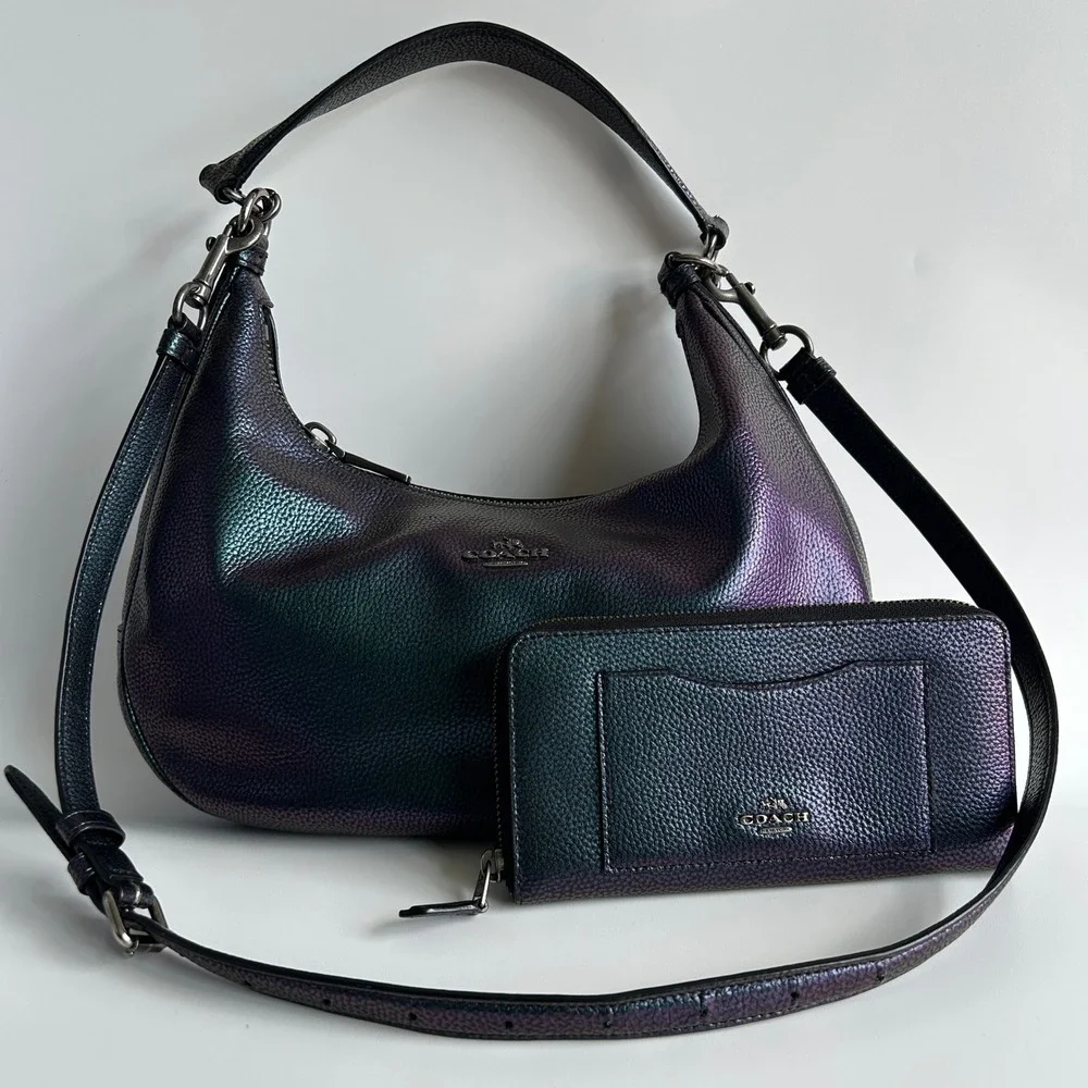 Coach Harley Hobo Iridescent Leather Bag Wallet Set F24352 Good